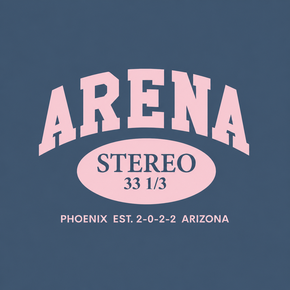 A graphic print featuring the word 'ARENA' in large arched pink letters above an oval pink shape containing the words 'STEREO 33 1/3' in dark blue, with additional text 'PHOENIX EST. 2-0-2-2 ARIZONA' below, all on a muted blue-gray background.