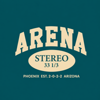 A graphic design featuring the word 'ARENA' in large arched cream letters over a cream oval containing the word 'STEREO' and the numbers '33 1/3'. Below, the text reads 'PHOENIX EST.