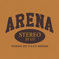 A square graphic with a warm tan background and dark brown text reading 'ARENA' in large arched letters, 'STEREO' inside a dark oval, and 'PHOENIX EST. 2-0-2-2 ARIZONA' below.