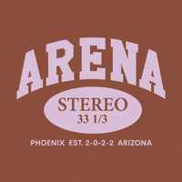 A square graphic print with a warm brown background and pale lavender text reading 'ARENA STEREO 33 1/3' and 'PHOENIX EST. 2-0-2-2 ARIZONA'.