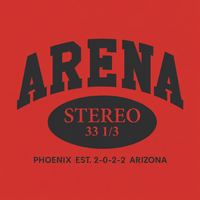 A square graphic design with a solid red background featuring a dark charcoal gray arch reading 'ARENA' above an oval that says 'STEREO 33 1/3' in red and dark gray, with 'PHOENIX EST. 2-0-2-2 ARIZONA' in dark gray at the bottom.