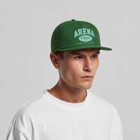 A man wearing a forest green flat-brim cap with 'ARENA STEREO' printed in cream on the front, paired with a white crewneck t-shirt, set against a plain light gray background.