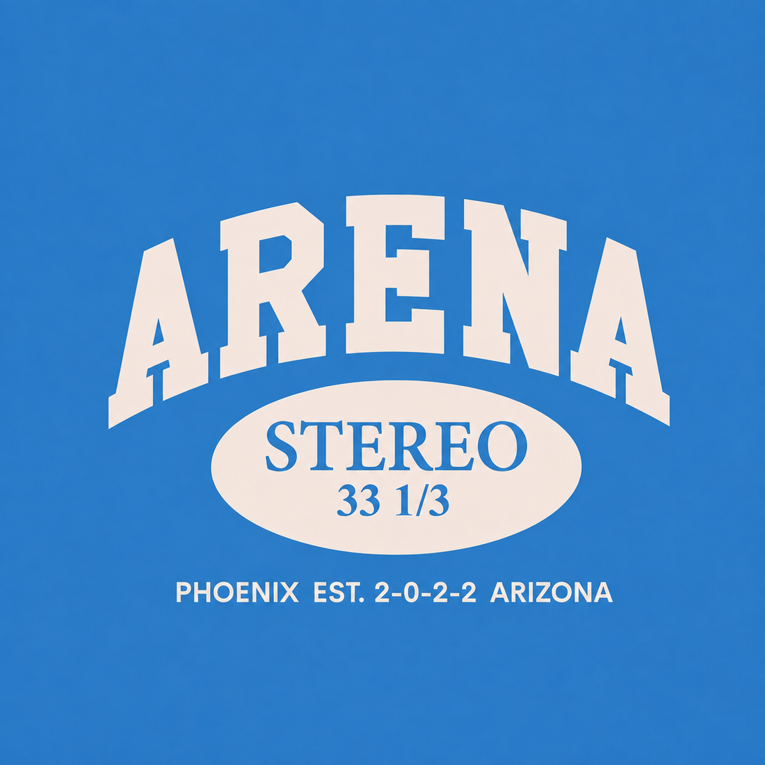 A graphic design featuring the word 'ARENA' in large white varsity-style letters above an oval containing the word 'STEREO' and the numbers '33 1/3'. Below the oval, smaller white text reads 'PHOENIX EST.