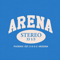 A graphic design featuring the word 'ARENA' in large white varsity-style letters above an oval containing the word 'STEREO' and the numbers '33 1/3'. Below the oval, smaller white text reads 'PHOENIX EST.