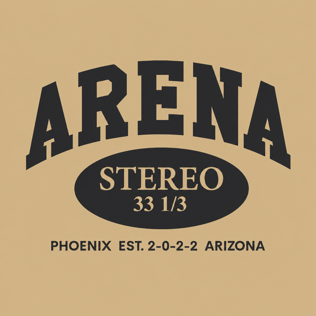 A graphic design featuring the word 'ARENA' in large arched black letters above an oval containing the word 'STEREO' and the numbers '33 1/3'. Below, the text reads 'PHOENIX EST.
