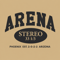 A graphic design featuring the word 'ARENA' in large arched black letters above an oval containing the word 'STEREO' and the numbers '33 1/3'. Below, the text reads 'PHOENIX EST.