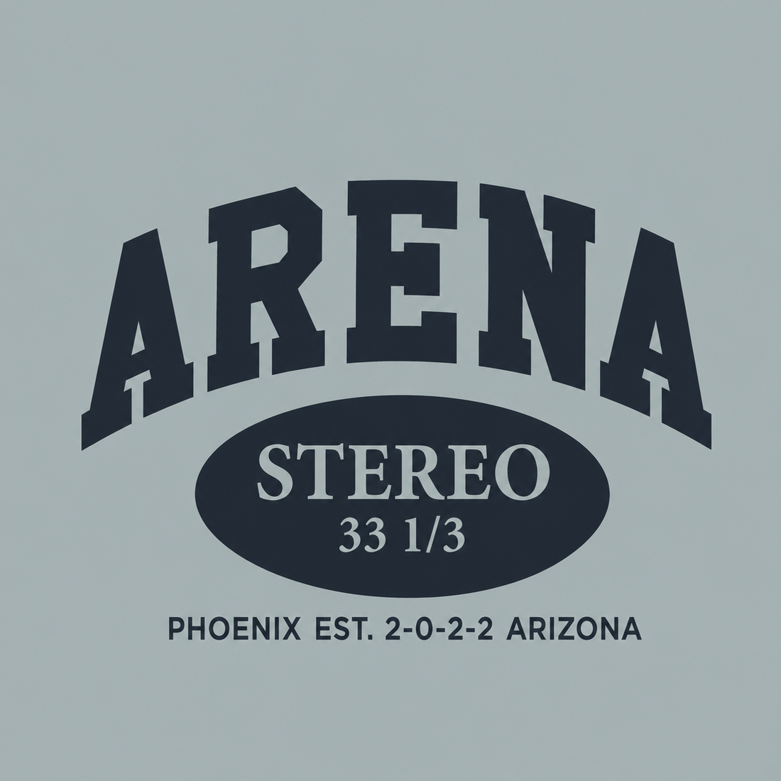 A graphic design featuring the word 'ARENA' in large arched block letters above an oval containing 'STEREO' and '33 1/3', with 'PHOENIX EST. 2-0-2-2 ARIZONA' below, all in dark navy on a light gray background.