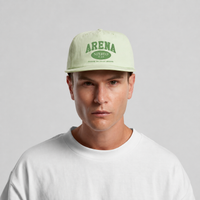 A man wearing a light sage green snapback cap with green 'ARENA STREETS' branding, paired with a white crewneck t-shirt, against a neutral gray background.