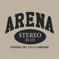 A square graphic design featuring the word 'ARENA' in large arched black letters above an oval containing 'STEREO 33 1/3' and smaller text 'PHOENIX EST. 2-0-2-2 ARIZONA' below, all on a warm beige background.