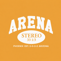 A graphic design on a solid orange background featuring the word 'ARENA' in large white arched letters, with 'STEREO 33 1/3' inside a white oval and 'PHOENIX EST. 2-0-2-2 ARIZONA' in smaller white text below.