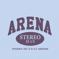 A light blue graphic print featuring a dark purple collegiate-style design with the word 'ARENA' in large arched letters, an oval containing 'STEREO 33 1/3', and smaller text reading 'PHOENIX EST. 2-0-2-2 ARIZONA'.