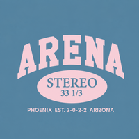 A square graphic design with a dusty blue background and retro-style pink and navy text reading “ARENA STEREO 33 1/3 PHOENIX EST. 2-0-2-2 ARIZONA.