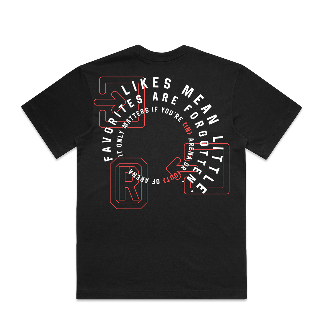 A black short-sleeve t-shirt shown from the back, featuring a circular graphic print in white and red with the text 'FAVORITES ARE FORGOTTEN' and 'IT ONLY MATTERS IF YOU'RE IN ARENA'.