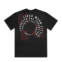 A black short-sleeve t-shirt shown from the back, featuring a circular graphic print in white and red with the text 'FAVORITES ARE FORGOTTEN' and 'IT ONLY MATTERS IF YOU'RE IN ARENA'.
