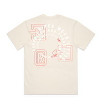 An off-white short-sleeve t-shirt shown from the back, featuring a circular graphic print in white and red with the text 'FAVORITES ARE FORGOTTEN' and 'IT ONLY MATTERS IF YOU'RE IN ARENA'.