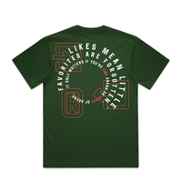 A dark forest green short-sleeve t-shirt shown from the back, featuring a circular graphic print in white and red with the text 'FAVORITES ARE FORGOTTEN' and 'IT ONLY MATTERS IF YOU'RE IN ARENA'.