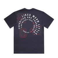 A navy blue short-sleeve t-shirt shown from the back, featuring a circular graphic print in white and red with the text 'FAVORITES ARE FORGOTTEN' and 'IT ONLY MATTERS IF YOU'RE IN ARENA'.