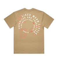 A tan short-sleeve t-shirt shown from the back, featuring a circular graphic print in white and red with the text 'FAVORITES ARE FORGOTTEN' and 'IT ONLY MATTERS IF YOU'RE IN ARENA'.