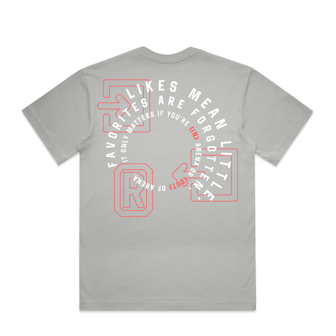 A light gray short-sleeve t-shirt shown from the back, featuring a circular graphic design in white and red text and geometric shapes.