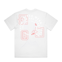 A white short-sleeve t-shirt shown from the back, featuring a circular graphic print in white and red with the text 'FAVORITES ARE FORGOTTEN' and 'IT ONLY MATTERS IF YOU'RE IN ARENA'.