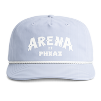 A light blue surf cap with white text reading 'ARENA 22 PHXAZ' on the front, a white rope detail across the brim, and a curved brim, shown against a plain white background.