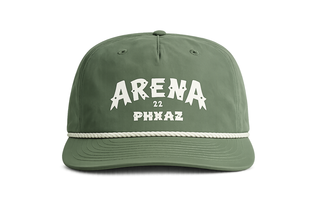 An olive green surf cap with white  text reading 'ARENA 22 PHXAZ' on the front, a white rope detail across the brim, and a structured flat-brim design, shown against a plain white background.