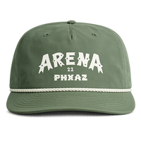 An olive green surf cap with white  text reading 'ARENA 22 PHXAZ' on the front, a white rope detail across the brim, and a structured flat-brim design, shown against a plain white background.