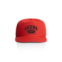 fire red cap with 'Arena' branding on a white background