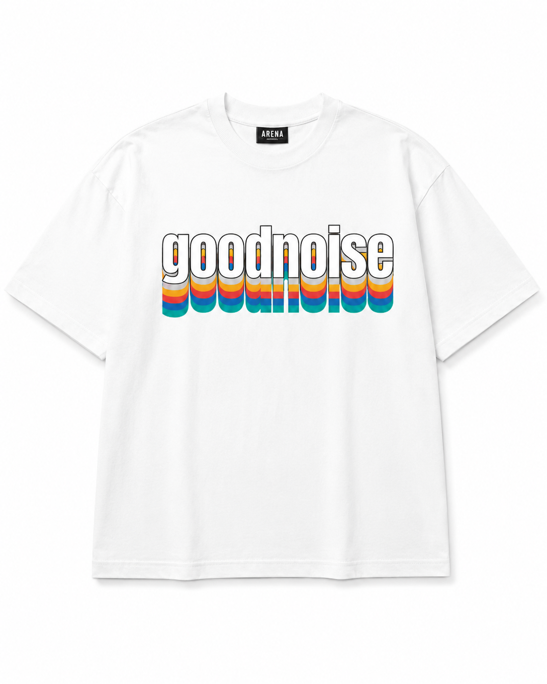 A white short-sleeve t-shirt with a retro-style graphic on the chest reading 'goodnoise' in white letters with a rainbow stripe effect underneath, shown on a plain white background.