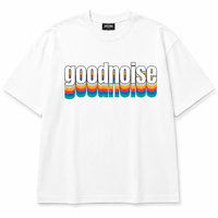 A white short-sleeve t-shirt with a retro-style graphic on the chest reading 'goodnoise' in white letters with a rainbow stripe effect underneath, shown on a plain white background.