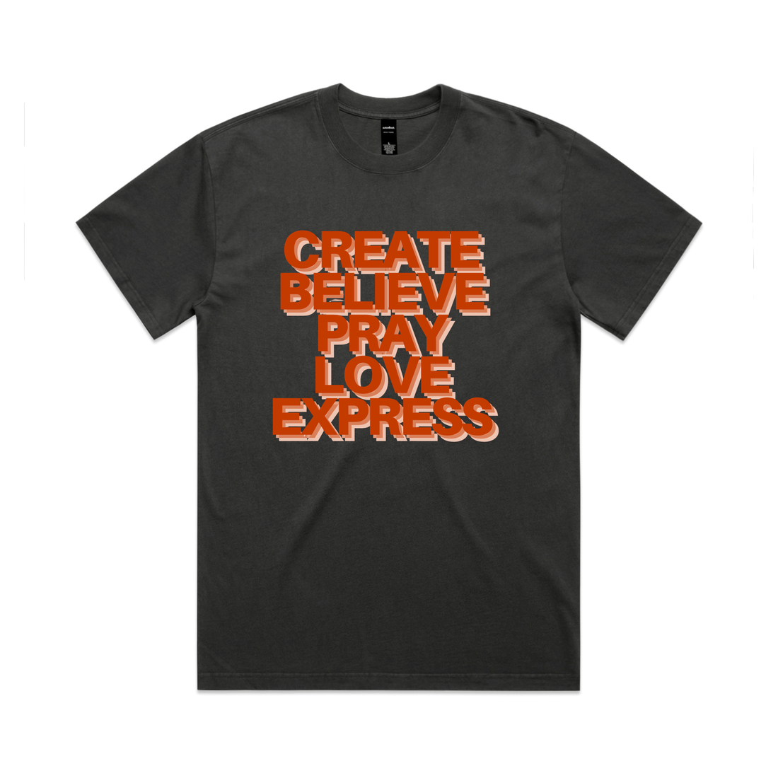 Black t-shirt with orange text on a white background