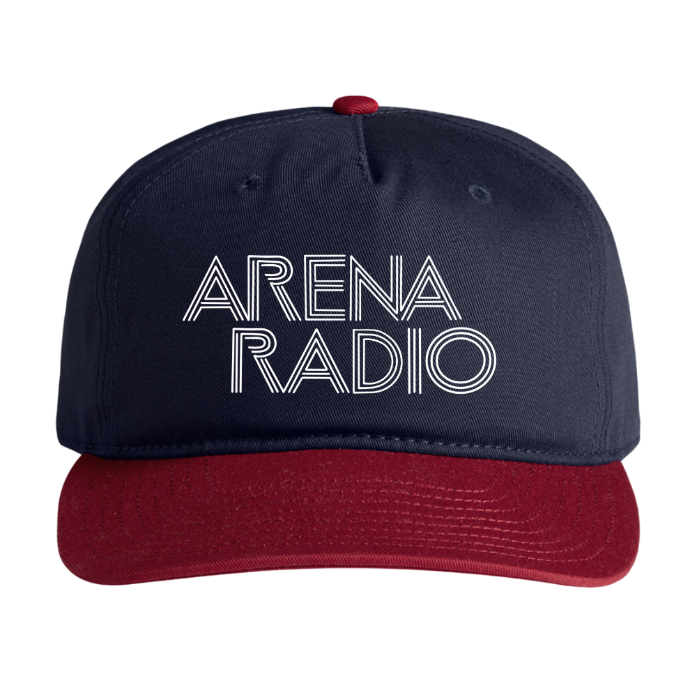 Navy and red cap with white Roxy inspired  'Arena Radio' text 