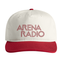 White cap with red brim and 'Arena Radio' text on a white background