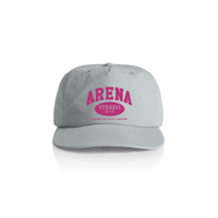 Gray cap with pink 'Arena Stereo' text on a white background