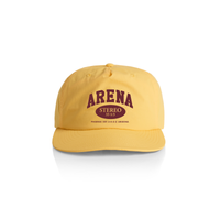 Sunset Yellow cap with 'Arena Stereo' text on a white background