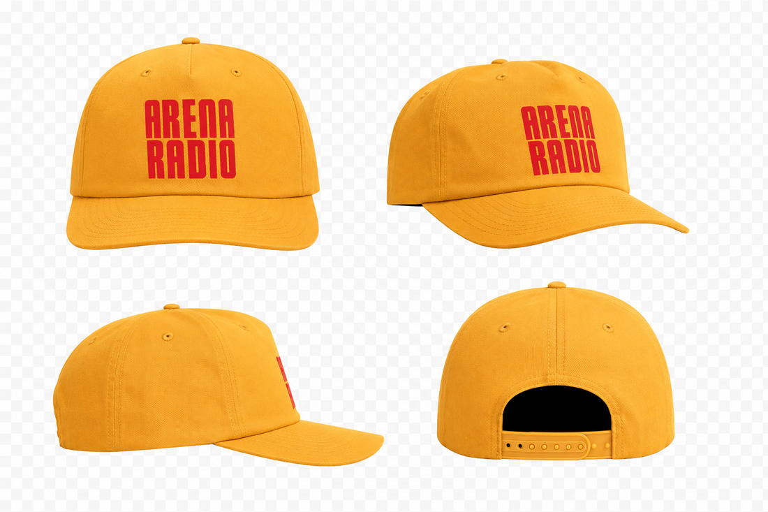 Four views of a yellow baseball cap with red 'ARENA RADIO' text on the front, shown on a transparent checkered background.