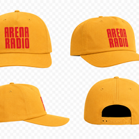 Four views of a yellow baseball cap with red 'ARENA RADIO' text on the front, shown on a transparent checkered background.