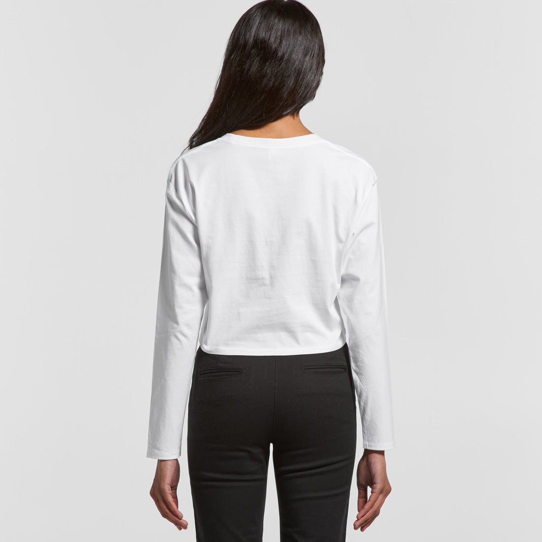 Women's Crop Long Sleeve Tee Shirt | Arena Custom Blanks - Arena Prints - Modeled Shot - Back