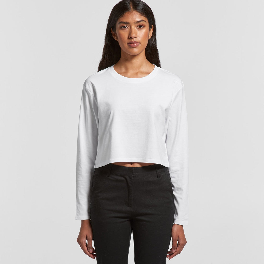 Women's Crop Long Sleeve Tee Shirt | Arena Custom Blanks - Arena Prints - Modeled Shot - Front