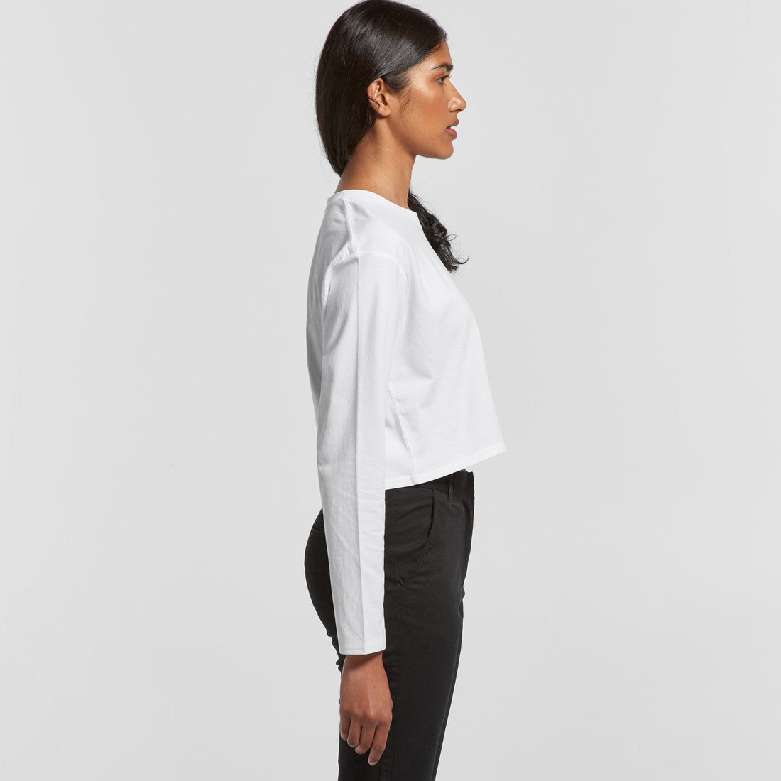 Women's Crop Long Sleeve Tee Shirt | Arena Custom Blanks - Arena Prints - Modeled Shot - Side