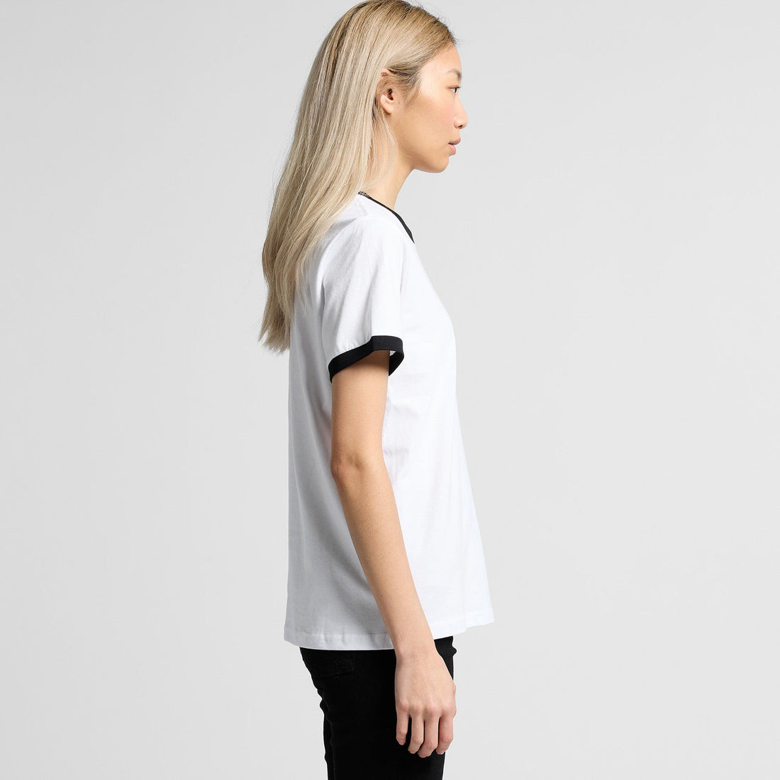 Women's Maple Ringer Tee | Arena Custom Blanks - Arena Prints - Modeled Shot - Side