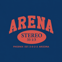 A graphic design featuring the word 'ARENA' in large arched coral-red letters above an oval with the word 'STEREO' and the numbers '33 1/3'. Below, smaller coral-red text reads 'PHOENIX EST.