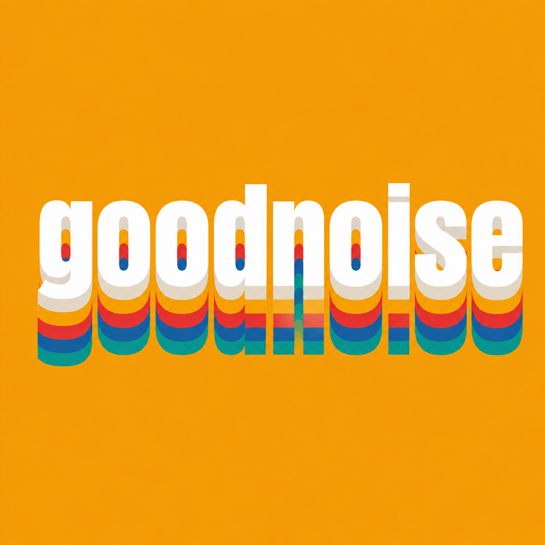 The word 'goodnoise' in bold white lowercase letters with a retro 3D effect, featuring red, orange, yellow, and blue striped shadows, set against a solid orange background.