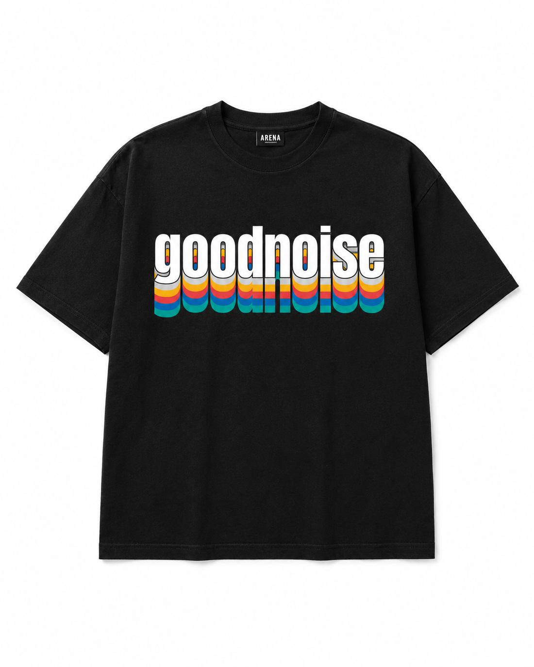 A black short-sleeve t-shirt with a retro-style graphic on the chest reading 'goodnoise' in white letters with a vertical rainbow stripe effect, shown against a plain white background.