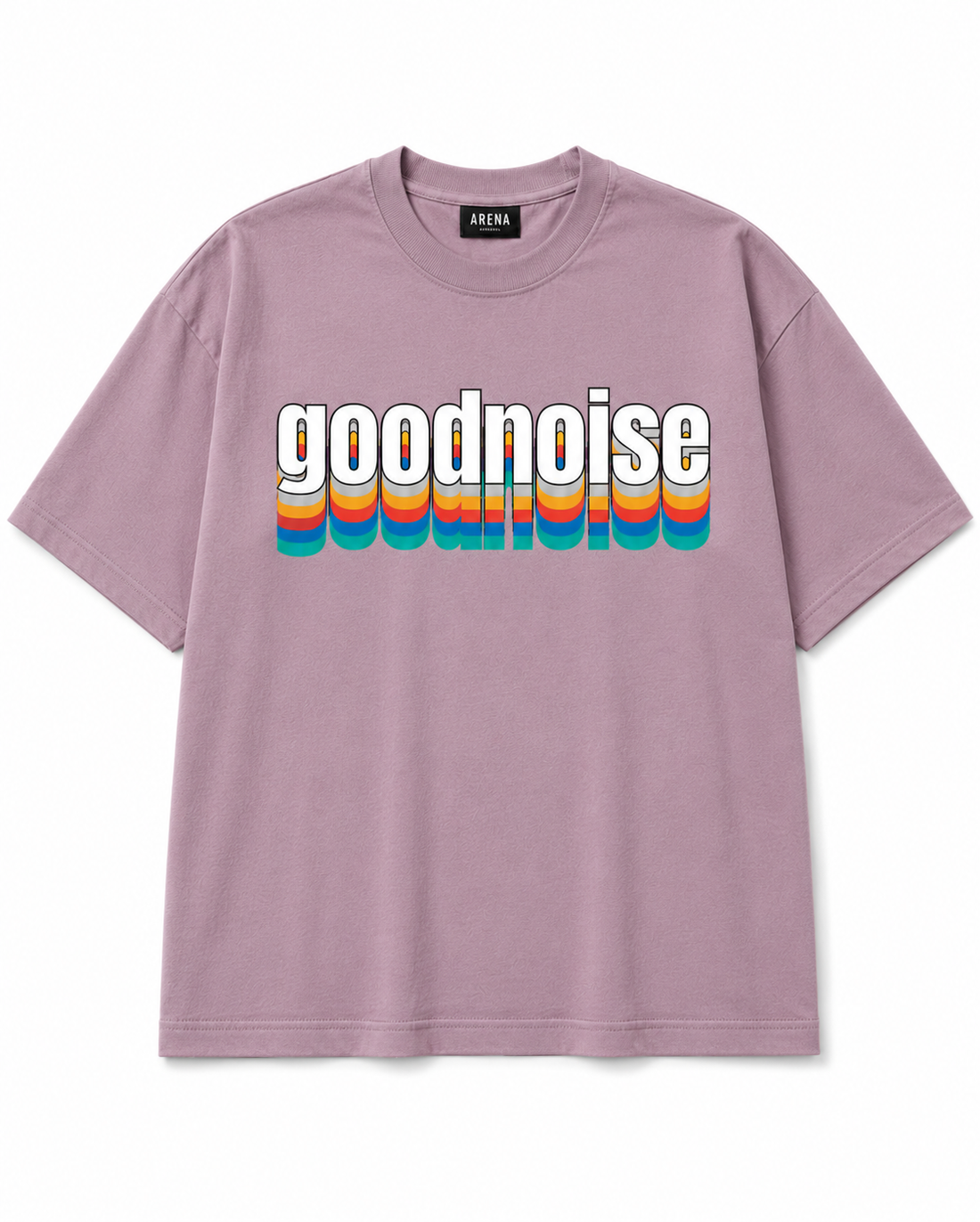 A dusty purple short-sleeve t-shirt with the word 'goodnoise' printed across the chest in white letters with a retro rainbow-striped drop shadow effect, shown on a plain white background.