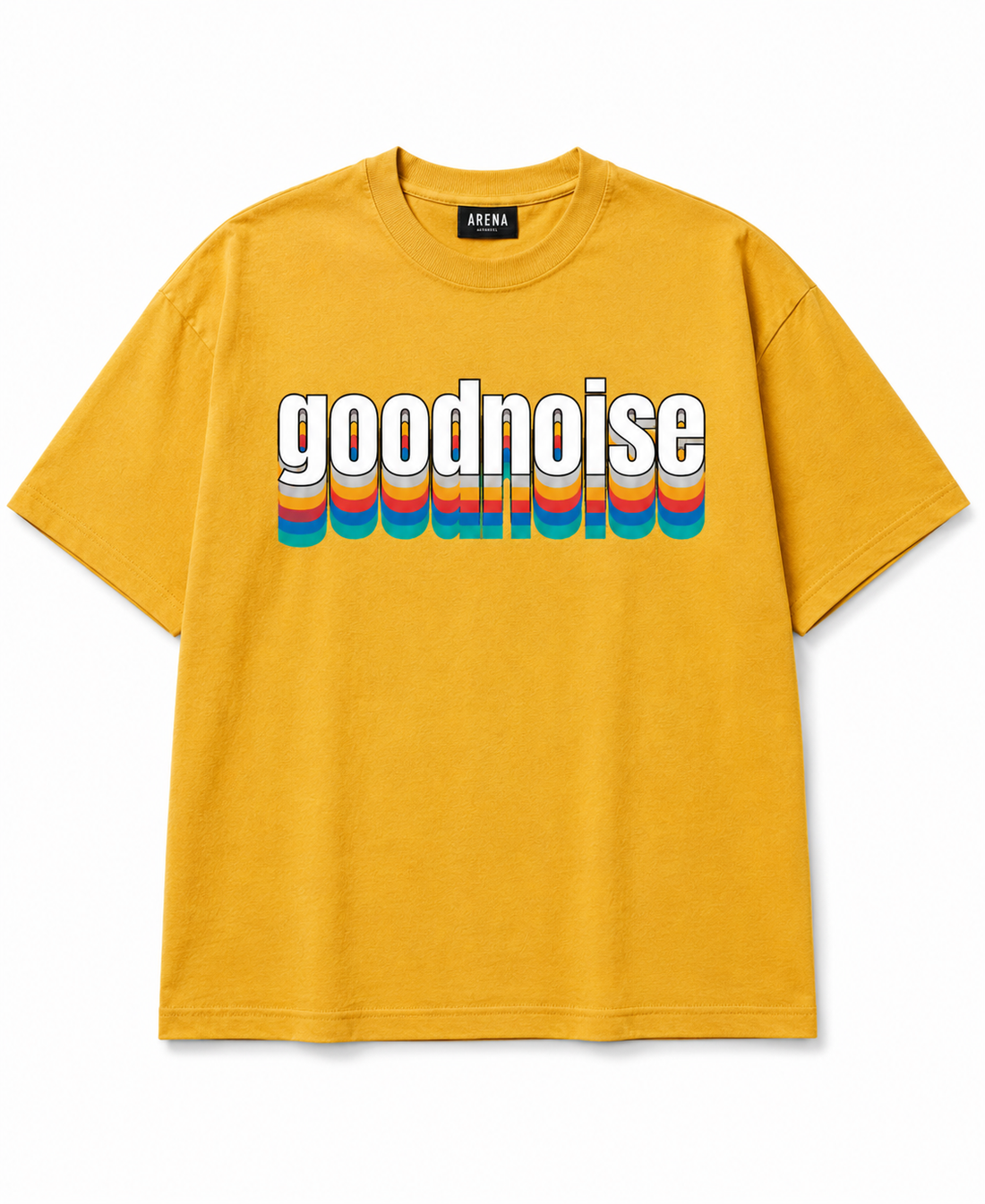 A yellow short-sleeve crewneck t-shirt featuring a retro-style graphic on the chest with the word 'goodnoise' in white letters layered over horizontal rainbow stripes.