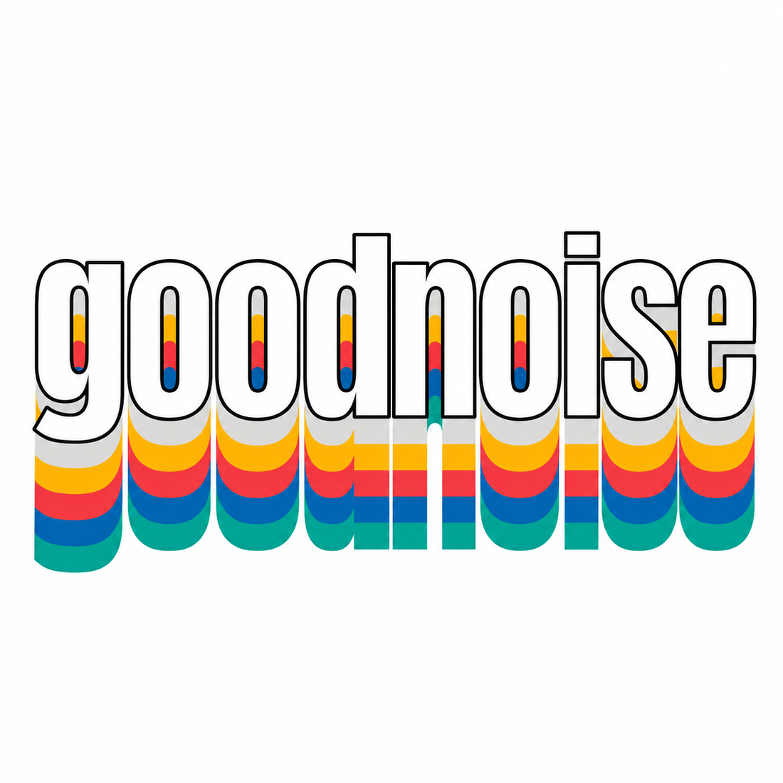 The word 'goodnoise' in bold white lowercase letters with a black outline and a retro rainbow stripe effect in red, orange, yellow, green, and blue below it, on a plain white background.