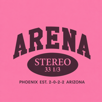 A graphic print featuring the word 'ARENA' in large arched letters above an oval reading 'STEREO 33 1/3', with 'PHOENIX EST. 2-0-2-2 ARIZONA' below, all in dark plum on a bright pink background.
