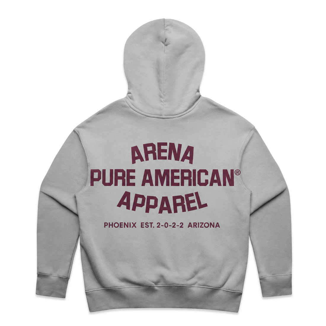 A light gray pullover hoodie shown from the back, featuring a maroon graphic print that reads 'ARENA PURE AMERICAN APPAREL' with 'PHOENIX EST. 2-0-2-2 ARIZONA' underneath, on a plain white background.
