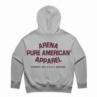 A light gray pullover hoodie shown from the back, featuring a maroon graphic print that reads 'ARENA PURE AMERICAN APPAREL' with 'PHOENIX EST. 2-0-2-2 ARIZONA' underneath, on a plain white background.